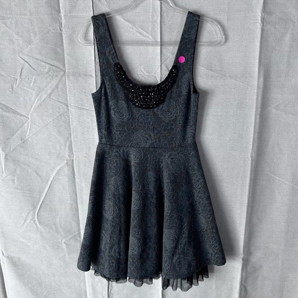 Free People Gray Floral Rose Jacquard Beaded Whimigoth Fairy Boho Mini Dress S